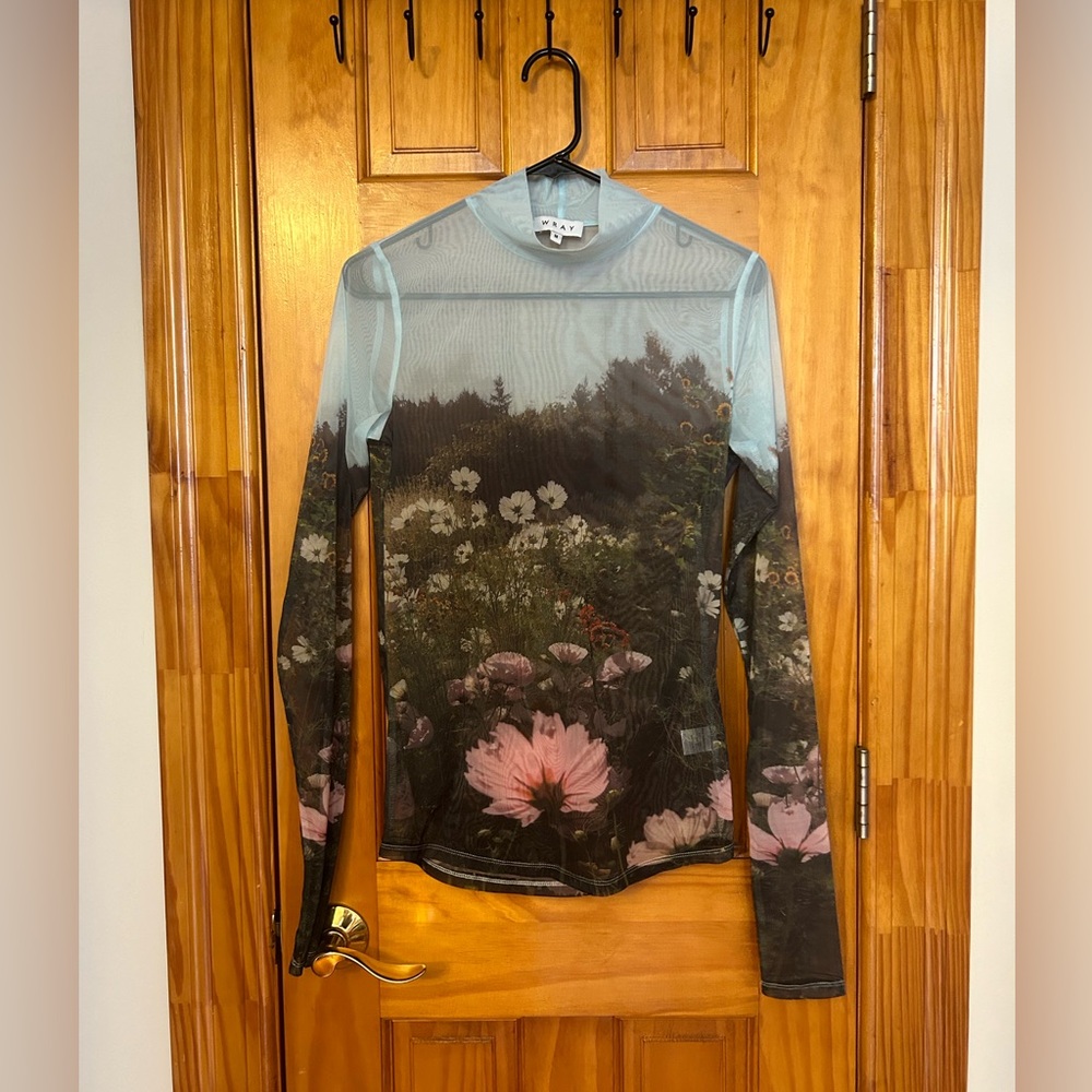 Wray sheer garden floral turtleneck top medium blue green